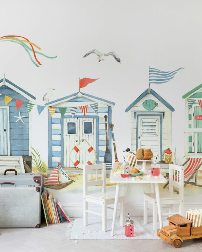 Tapet cu case de plajă Tiny Beach Houses, cu detalii delicat pictate în acuarelă.
