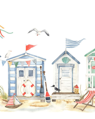Tapet cu case de plajă Tiny Beach Houses, cu detalii delicat pictate în acuarelă.