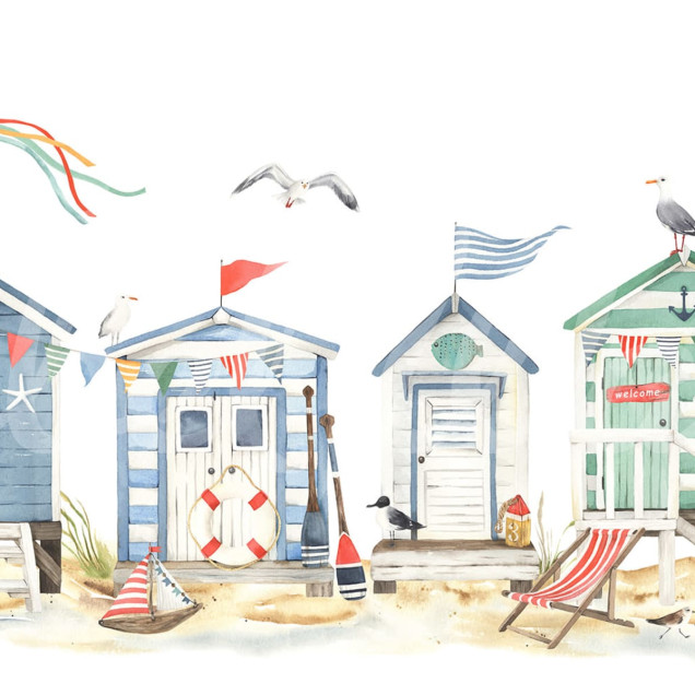 Tapet cu case de plajă Tiny Beach Houses, cu detalii delicat pictate în acuarelă.