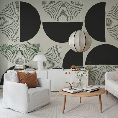 Tapet abstract cu cercuri și semicercuri, Graphic Circles, negru și crem, design minimalist