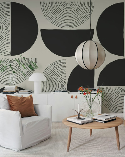 Tapet abstract cu cercuri și semicercuri, Graphic Circles, negru și crem, design minimalist