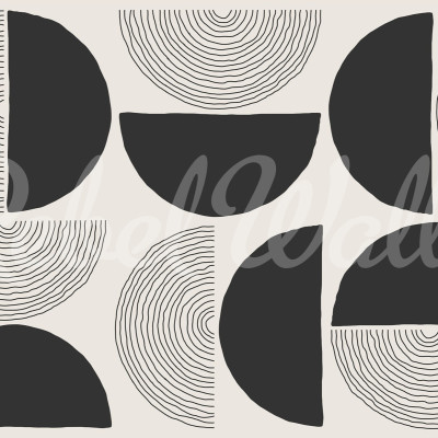 Tapet abstract cu cercuri și semicercuri, Graphic Circles, negru și crem, design minimalist