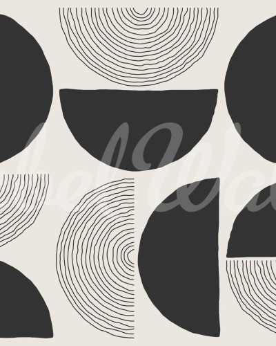 Tapet abstract cu cercuri și semicercuri, Graphic Circles, negru și crem, design minimalist