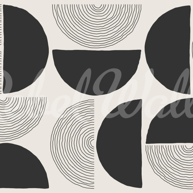 Tapet abstract cu cercuri și semicercuri, Graphic Circles, negru și crem, design minimalist