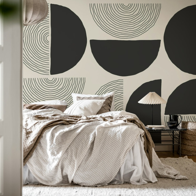 Tapet abstract cu cercuri și semicercuri, Graphic Circles, negru și crem, design minimalist