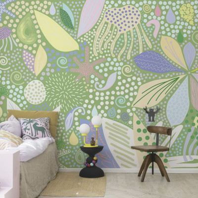 Tapet cu flori artistice in verde, cu un design modern si abstract