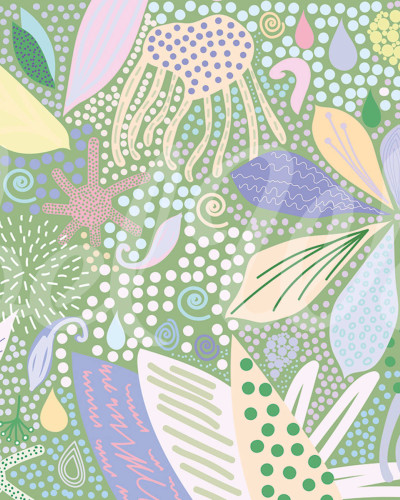 Tapet cu flori artistice in verde, cu un design modern si abstract