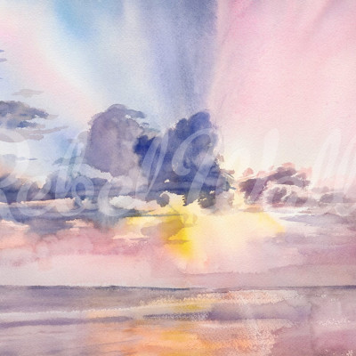 Tapet Watercolor Sky, Pink cu un cer roz și nori acuarelați.