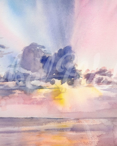 Tapet Watercolor Sky, Pink cu un cer roz și nori acuarelați.