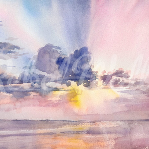 Tapet Watercolor Sky, Pink cu un cer roz și nori acuarelați.