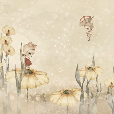 Wallpaper cu fetita pe o floare galbena si flori delicate