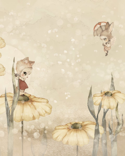 Wallpaper cu fetita pe o floare galbena si flori delicate