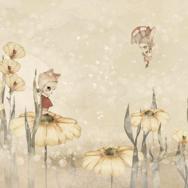 Wallpaper cu fetita pe o floare galbena si flori delicate