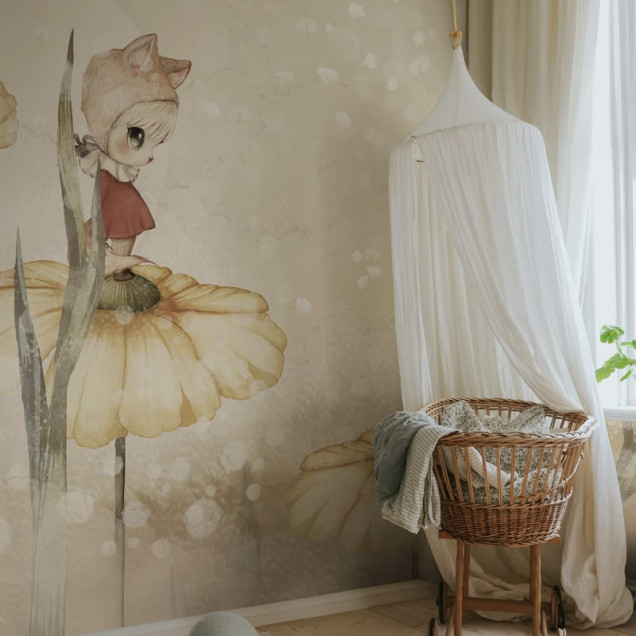 Wallpaper cu fetita pe o floare galbena si flori delicate