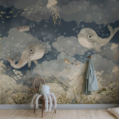 Tapet cu balene, nori, pești, albastru deschis, decor camera copii