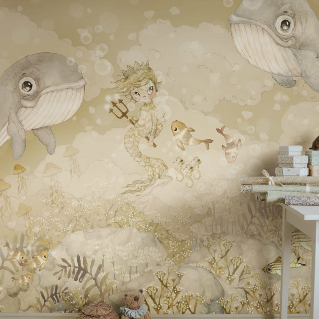 Tapet cu balene, o sirenă și pești, cu un design subacvatic și culori delicate