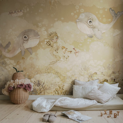 Tapet cu balene, o sirenă și pești, cu un design subacvatic și culori delicate