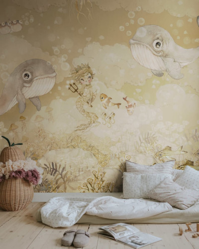 Tapet cu balene, o sirenă și pești, cu un design subacvatic și culori delicate
