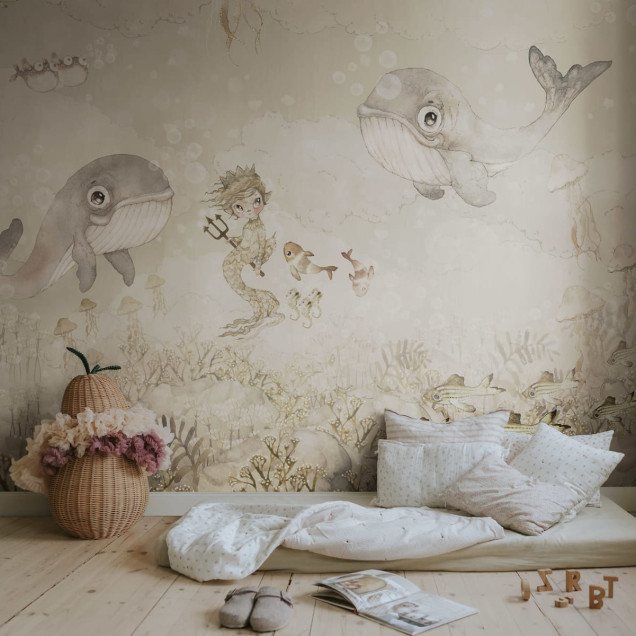 Tapet cu design floral Water Song, Off White