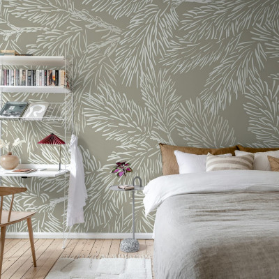 Tapet gri cu ramurele delicate, design minimalist, perfect pentru dormitoare, livinguri sau birouri