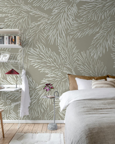 Tapet gri cu ramurele delicate, design minimalist, perfect pentru dormitoare, livinguri sau birouri