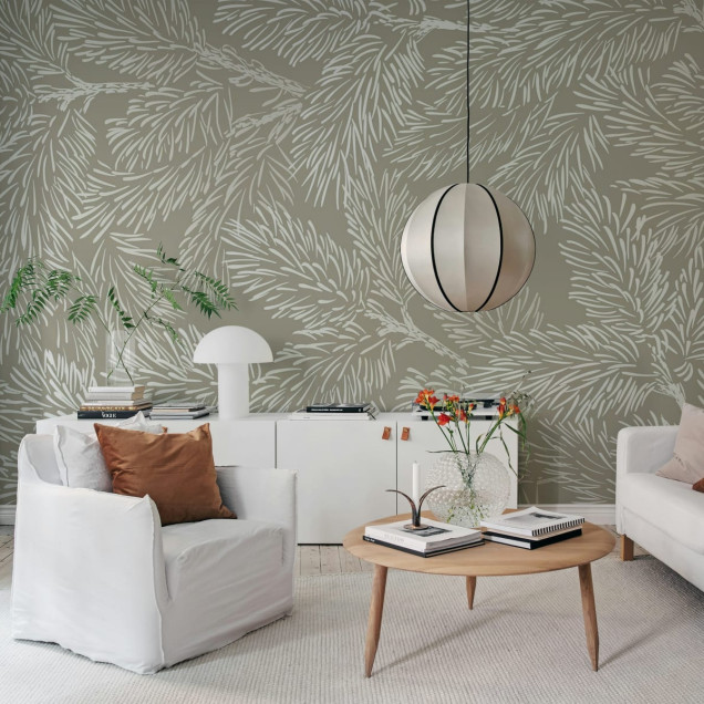 Tapet gri cu ramurele delicate, design minimalist, perfect pentru dormitoare, livinguri sau birouri