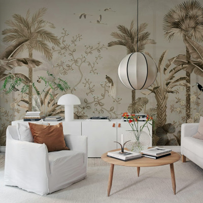 Tapet Magnolia Jungle Beige cu palmieri si flori delicate