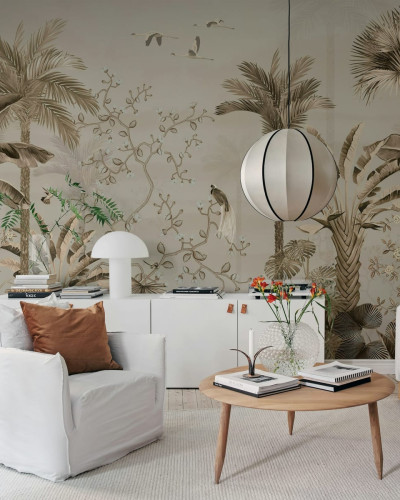 Tapet Magnolia Jungle Beige cu palmieri si flori delicate