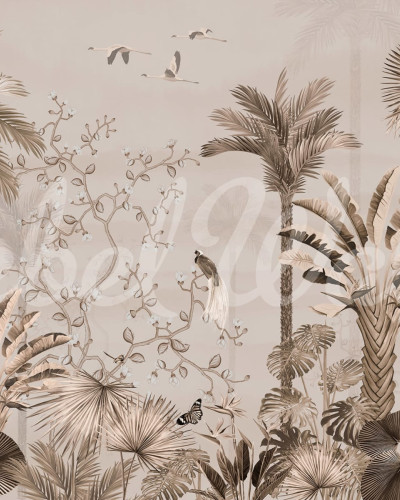 Tapet Magnolia Jungle Beige cu palmieri si flori delicate
