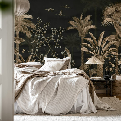Tapet tropical cu design elegant, Magnolia Jungle Black, cu palmieri inalti, frunze de banan si flori delicate de magnolia pe un fundal negru