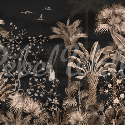 Tapet tropical cu design elegant, Magnolia Jungle Black, cu palmieri inalti, frunze de banan si flori delicate de magnolia pe un fundal negru