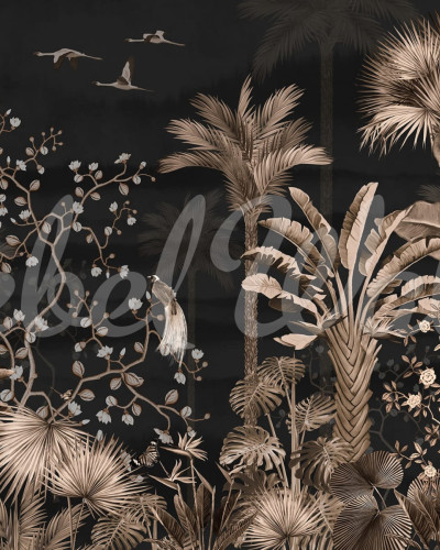 Tapet tropical cu design elegant, Magnolia Jungle Black, cu palmieri inalti, frunze de banan si flori delicate de magnolia pe un fundal negru