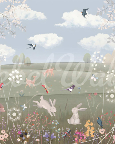 Tapet Spring Meadow cu design unic și vesel, perfect pentru camera copiilor. Adaugă o notă de prospețime și culoare cu iepuri drăguți, păsări și flori.