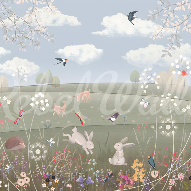 Tapet Spring Meadow cu design unic și vesel, perfect pentru camera copiilor. Adaugă o notă de prospețime și culoare cu iepuri drăguți, păsări și flori.