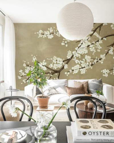 Tapet cu o ramură delicată de flori de cireș, cu un design elegant și minimalist.