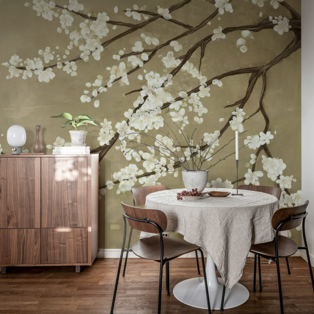 Tapet cu o ramură delicată de flori de cireș, cu un design elegant și minimalist.