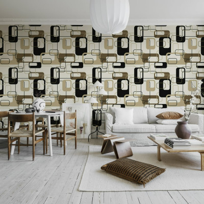 Tapet geometric cu pătrate negre și bej Retro Squares, Beige