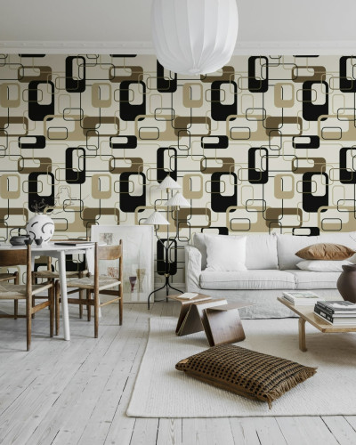 Tapet geometric cu pătrate negre și bej Retro Squares, Beige
