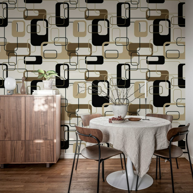 Tapet geometric cu pătrate negre și bej Retro Squares, Beige