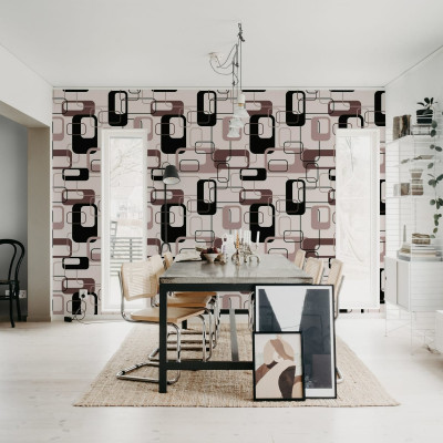 Tapet geometric cu patrate negre si prune, pe un fond alb, in interiorul unei camere cu mobilier modern.