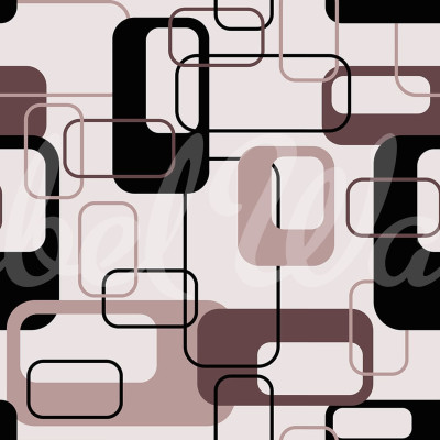 Tapet geometric cu patrate negre si prune, pe un fond alb, in interiorul unei camere cu mobilier modern.