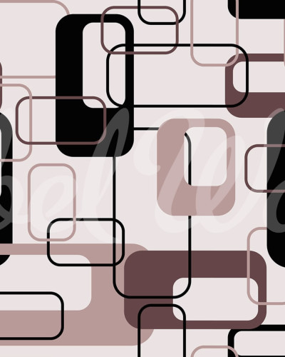 Tapet geometric cu patrate negre si prune, pe un fond alb, in interiorul unei camere cu mobilier modern.