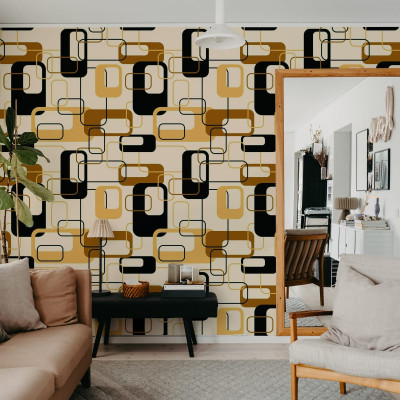 Tapet geometric abstract Retro Squares, Brown, cu design minimalist. Culorile vibrante, maro, galben și negru, creează o atmosferă vibrantă și modernă.