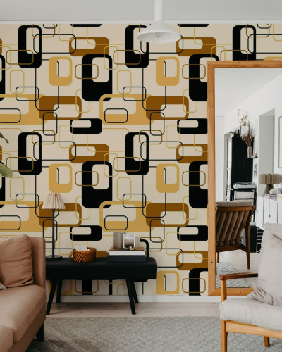 Tapet geometric abstract Retro Squares, Brown, cu design minimalist. Culorile vibrante, maro, galben și negru, creează o atmosferă vibrantă și modernă.