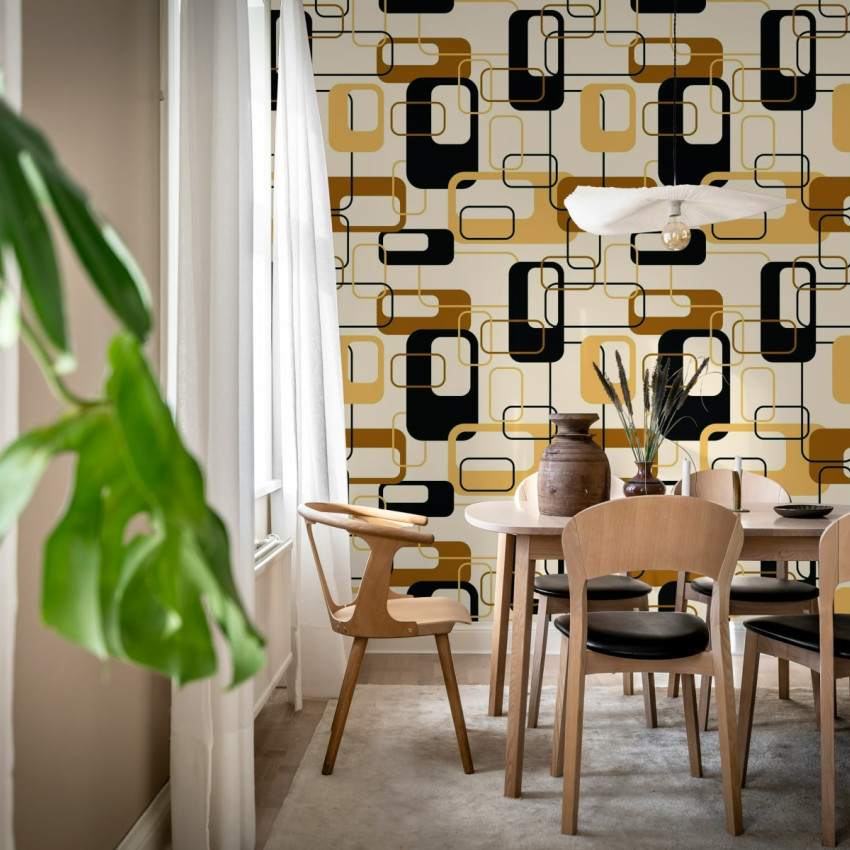 Tapet geometric cu pătrate negre și bej Retro Squares, Beige