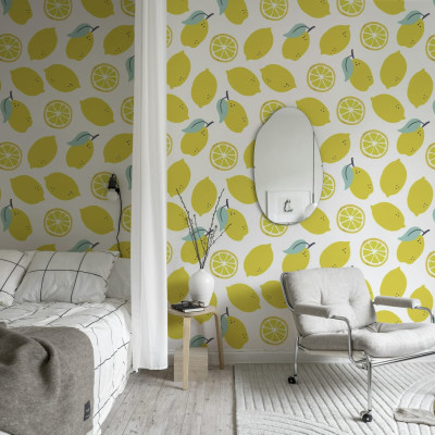 Tapet cu lămâi galbene, design vibrant și vesel, ideal pentru bucătărie, dining sau living.