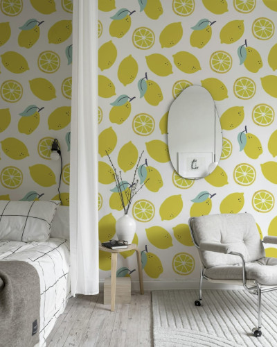 Tapet cu lămâi galbene, design vibrant și vesel, ideal pentru bucătărie, dining sau living.