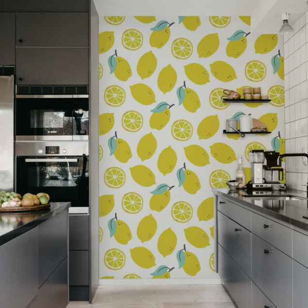 Tapet cu lămâi galbene, design vibrant și vesel, ideal pentru bucătărie, dining sau living.