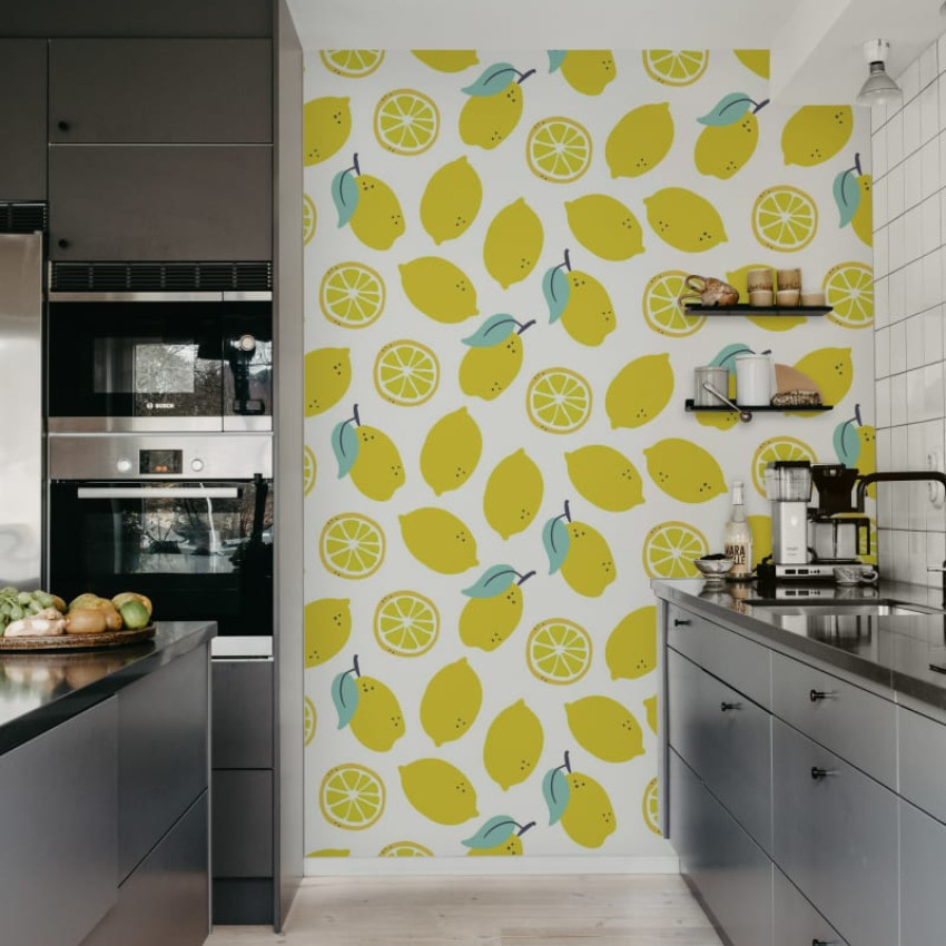 Tapet Lemons, Pink, cu lămâi galbene pe un fundal roz pal