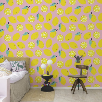 Tapet Lemons, Pink, cu lămâi galbene pe un fundal roz pal